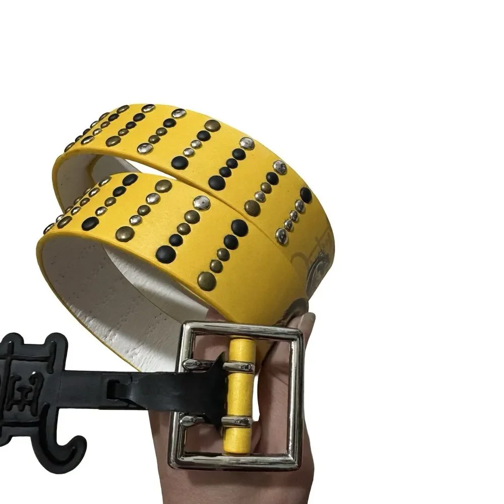 NWT Ed Hardy Yellow Tattoo Belt Studded‎ PU Vegan Leather Size 38 Panther Snake